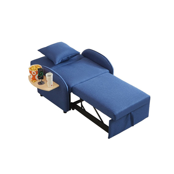 English Elm Sleeper Sofa Chair Convertible Linen Armchair Guest Bed with Usb Charging for Small Spaces Dark Blue Foldable Table W1359P491358