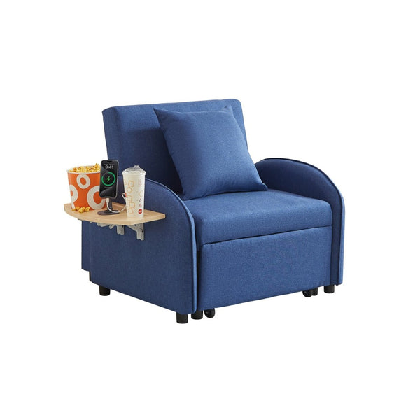 English Elm Sleeper Sofa Chair Convertible Linen Armchair Guest Bed with Usb Charging for Small Spaces Dark Blue Foldable Table W1359P491358