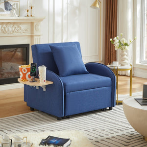 English Elm Sleeper Sofa Chair Convertible Linen Armchair Guest Bed with Usb Charging for Small Spaces Dark Blue Foldable Table W1359P491358