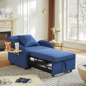 English Elm Sleeper Sofa Chair Convertible Linen Armchair Guest Bed with Usb Charging for Small Spaces Dark Blue Foldable Table W1359P491358