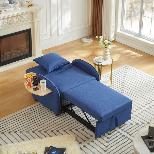 English Elm Sleeper Sofa Chair Convertible Linen Armchair Guest Bed with Usb Charging for Small Spaces Dark Blue Foldable Table W1359P491358