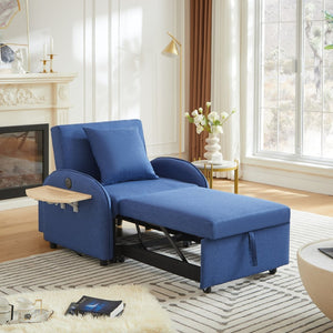 English Elm Sleeper Sofa Chair Convertible Linen Armchair Guest Bed with Usb Charging for Small Spaces Dark Blue Foldable Table W1359P491358