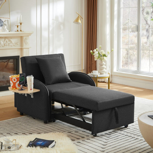 English Elm Sleeper Sofa Chair Convertible Linen Armchair Guest Bed with Usb Charging for Small Spaces Black Foldable Table W1359P491415