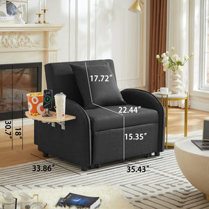 English Elm Sleeper Sofa Chair Convertible Linen Armchair Guest Bed with Usb Charging for Small Spaces Black Foldable Table W1359P491415