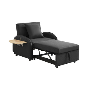English Elm Sleeper Sofa Chair Convertible Linen Armchair Guest Bed with Usb Charging for Small Spaces Black Foldable Table W1359P491415