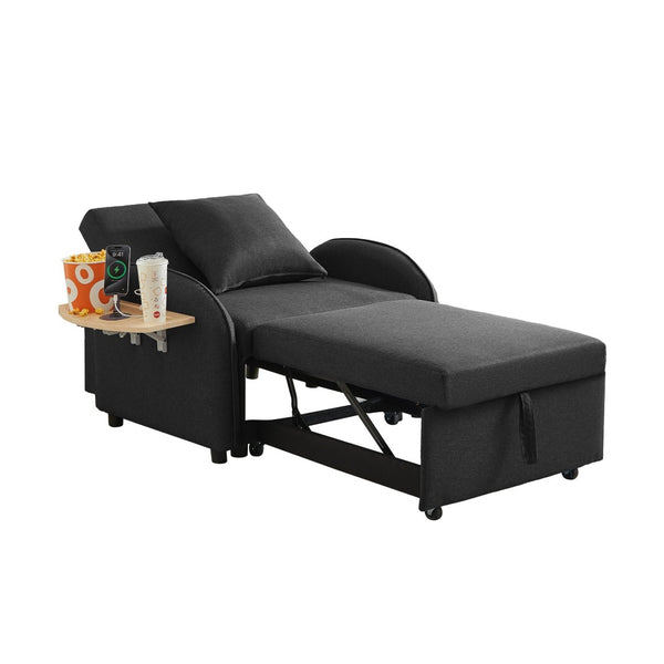 English Elm Sleeper Sofa Chair Convertible Linen Armchair Guest Bed with Usb Charging for Small Spaces Black Foldable Table W1359P491415