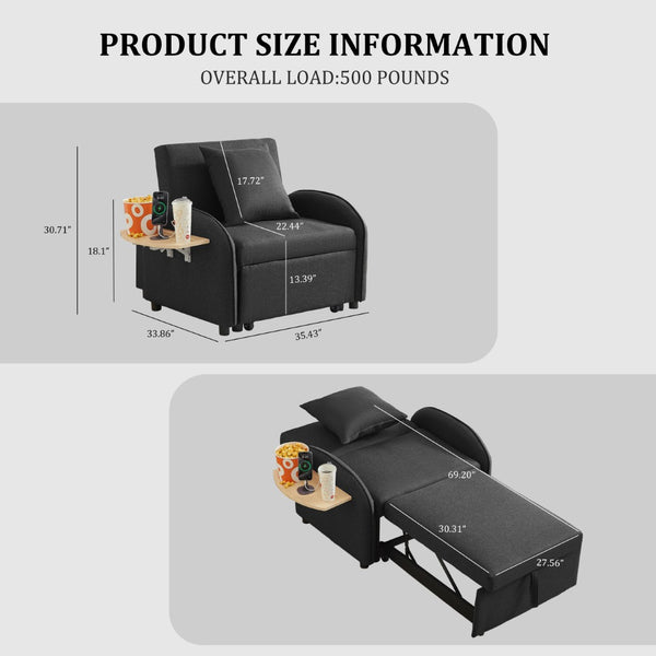 English Elm Sleeper Sofa Chair Convertible Linen Armchair Guest Bed with Usb Charging for Small Spaces Black Foldable Table W1359P491415