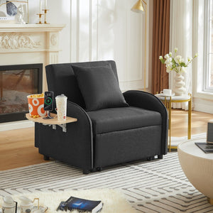 English Elm Sleeper Sofa Chair Convertible Linen Armchair Guest Bed with Usb Charging for Small Spaces Black Foldable Table W1359P491415
