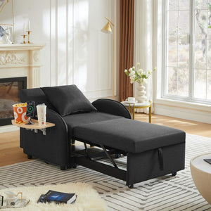 English Elm Sleeper Sofa Chair Convertible Linen Armchair Guest Bed with Usb Charging for Small Spaces Black Foldable Table W1359P491415