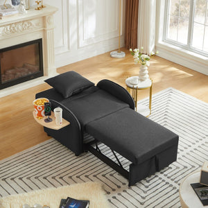 English Elm Sleeper Sofa Chair Convertible Linen Armchair Guest Bed with Usb Charging for Small Spaces Black Foldable Table W1359P491415