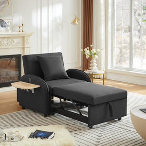 English Elm Sleeper Sofa Chair Convertible Linen Armchair Guest Bed with Usb Charging for Small Spaces Black Foldable Table W1359P491415