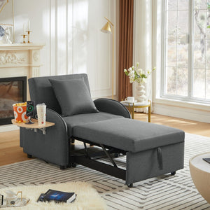 English Elm Sleeper Sofa Chair Convertible Linen Armchair Guest Bed with Usb Charging for Small Spaces Dark Gray Foldable Table W1359P491424