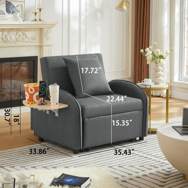 English Elm Sleeper Sofa Chair Convertible Linen Armchair Guest Bed with Usb Charging for Small Spaces Dark Gray Foldable Table W1359P491424
