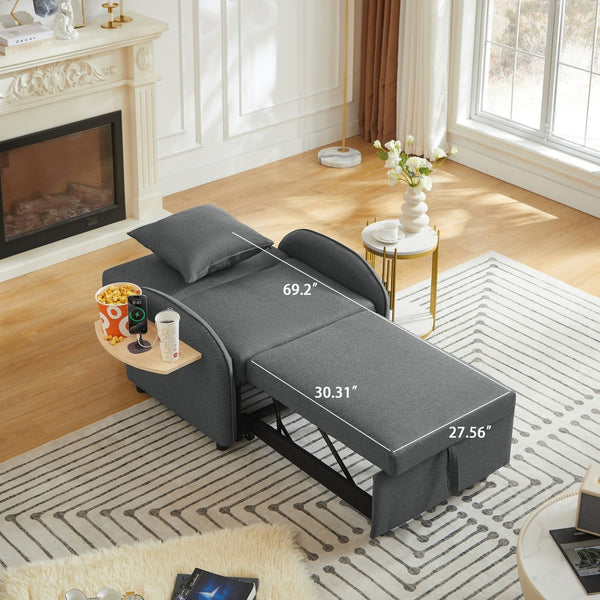 English Elm Sleeper Sofa Chair Convertible Linen Armchair Guest Bed with Usb Charging for Small Spaces Dark Gray Foldable Table W1359P491424
