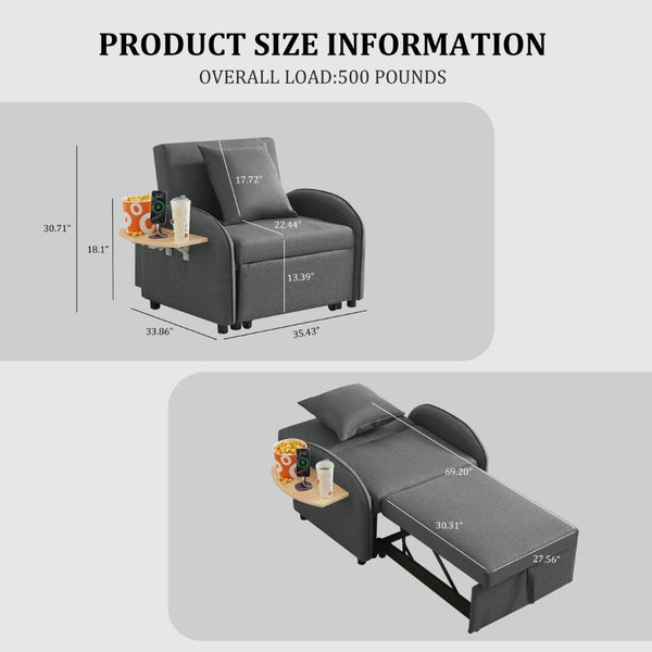 English Elm Sleeper Sofa Chair Convertible Linen Armchair Guest Bed with Usb Charging for Small Spaces Dark Gray Foldable Table W1359P491424