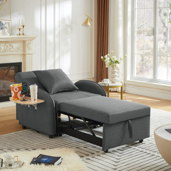 English Elm Sleeper Sofa Chair Convertible Linen Armchair Guest Bed with Usb Charging for Small Spaces Dark Gray Foldable Table W1359P491424