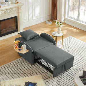 English Elm Sleeper Sofa Chair Convertible Linen Armchair Guest Bed with Usb Charging for Small Spaces Dark Gray Foldable Table W1359P491424