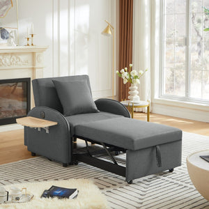 English Elm Sleeper Sofa Chair Convertible Linen Armchair Guest Bed with Usb Charging for Small Spaces Dark Gray Foldable Table W1359P491424