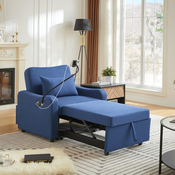 English Elm Sleeper Sofa Chair Convertible Linen Armchair Guest Bed with Usb Charging for Small Spaces Dark Blue Phone Holder W1359P491430