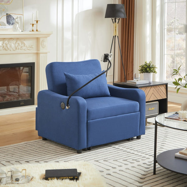 English Elm Sleeper Sofa Chair Convertible Linen Armchair Guest Bed with Usb Charging for Small Spaces Dark Blue Phone Holder W1359P491430