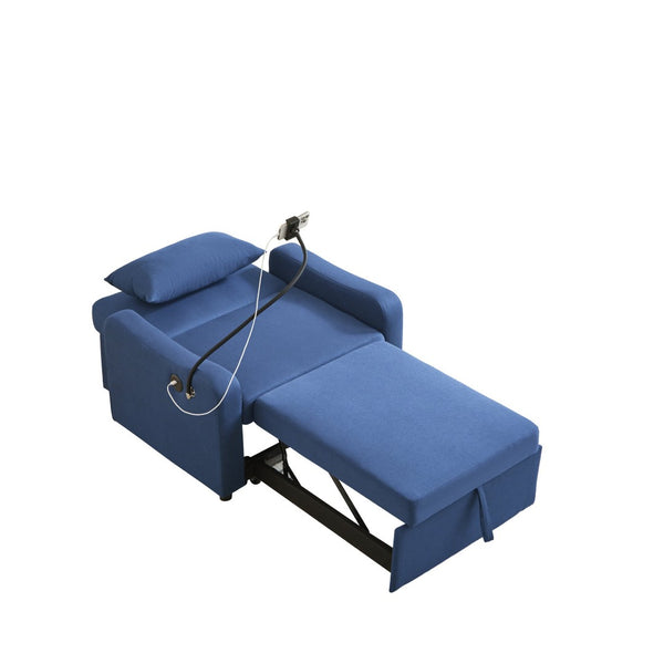 English Elm Sleeper Sofa Chair Convertible Linen Armchair Guest Bed with Usb Charging for Small Spaces Dark Blue Phone Holder W1359P491430