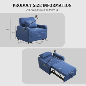 English Elm Sleeper Sofa Chair Convertible Linen Armchair Guest Bed with Usb Charging for Small Spaces Dark Blue Phone Holder W1359P491430