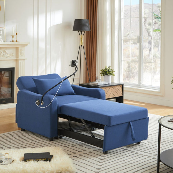 English Elm Sleeper Sofa Chair Convertible Linen Armchair Guest Bed with Usb Charging for Small Spaces Dark Blue Phone Holder W1359P491430