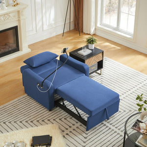 English Elm Sleeper Sofa Chair Convertible Linen Armchair Guest Bed with Usb Charging for Small Spaces Dark Blue Phone Holder W1359P491430