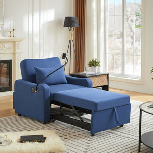 English Elm Sleeper Sofa Chair Convertible Linen Armchair Guest Bed with Usb Charging for Small Spaces Dark Blue Phone Holder W1359P491430