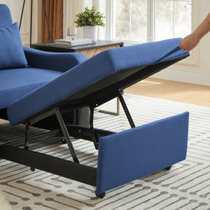 English Elm Sleeper Sofa Chair Convertible Linen Armchair Guest Bed with Usb Charging for Small Spaces Dark Blue Phone Holder W1359P491430
