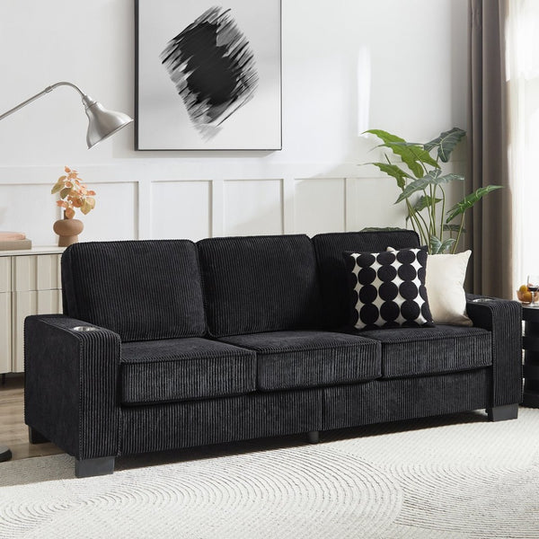 English Elm 83.86"corduroy Fabric Three-seat Sofa with Cup Holders for Modern Living Rooms W1359P498020