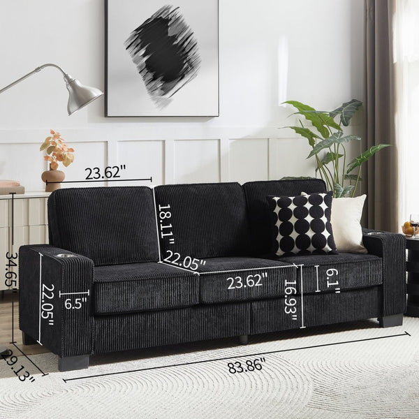 English Elm 83.86"corduroy Fabric Three-seat Sofa with Cup Holders for Modern Living Rooms W1359P498020