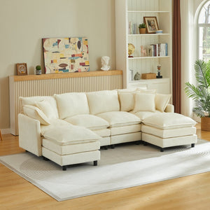 English Elm Modular Cloud Sectional Sofa with Chenille Upholstery and Movable Ottomans for Living Room W1359S00068