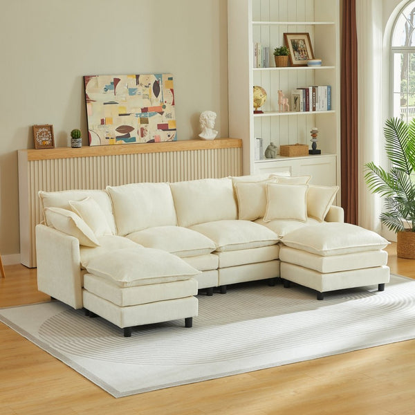 English Elm Modular Cloud Sectional Sofa with Chenille Upholstery and Movable Ottomans for Living Room W1359S00068