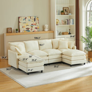 English Elm Modular Cloud Sectional Sofa with Chenille Upholstery and Movable Ottomans for Living Room W1359S00068