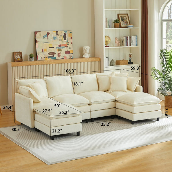 English Elm Modular Cloud Sectional Sofa with Chenille Upholstery and Movable Ottomans for Living Room W1359S00068
