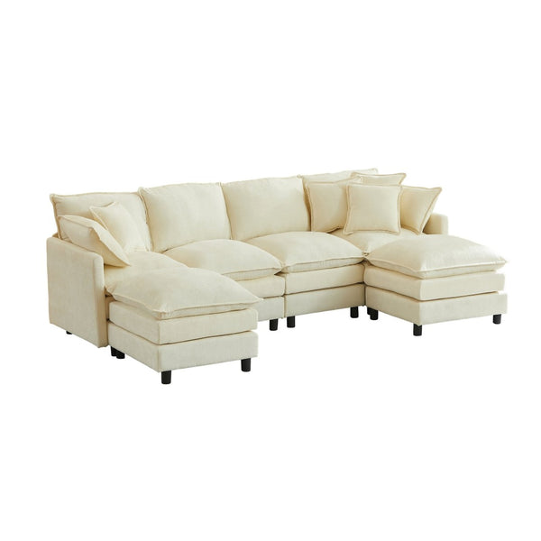 English Elm Modular Cloud Sectional Sofa with Chenille Upholstery and Movable Ottomans for Living Room W1359S00068