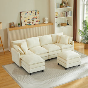 English Elm Modular Cloud Sectional Sofa with Chenille Upholstery and Movable Ottomans for Living Room W1359S00068