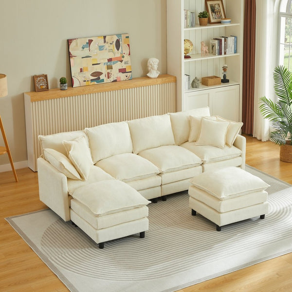 English Elm Modular Cloud Sectional Sofa with Chenille Upholstery and Movable Ottomans for Living Room W1359S00068