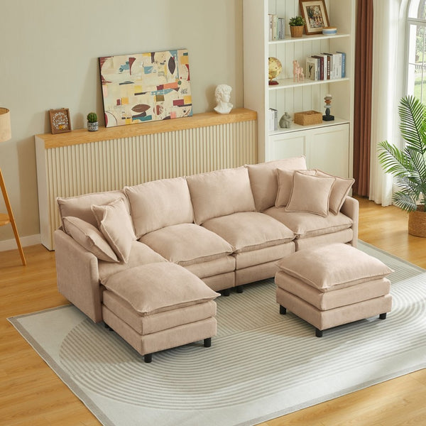 English Elm Modular U Shaped Chenille Sectional Sofa with Ottomans for Living Room Comfort W1359S00069