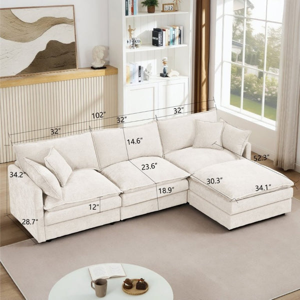 English Elm Modular Cloud Sectional Sofa Chenille Upholstered L Shaped Design with Movable Ottoman Beige W1359S00076