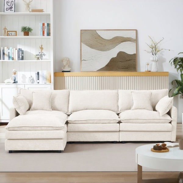 English Elm Modular Cloud Sectional Sofa Chenille Upholstered L Shaped Design with Movable Ottoman Beige W1359S00076