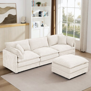 English Elm Modular Cloud Sectional Sofa Chenille Upholstered L Shaped Design with Movable Ottoman Beige W1359S00076