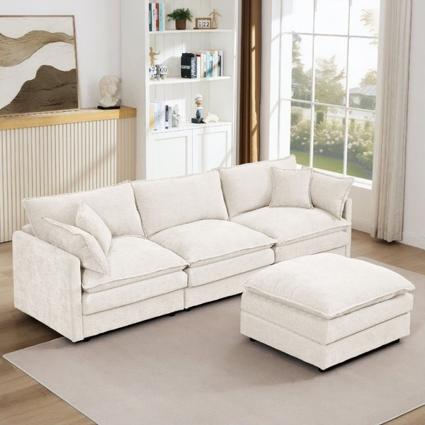 English Elm Modular Cloud Sectional Sofa Chenille Upholstered L Shaped Design with Movable Ottoman Beige W1359S00076
