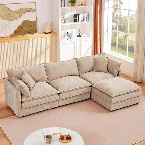 English Elm Modular Cloud Sectional Sofa Chenille Upholstered L Shaped Design with Movable Ottoman Coffee W1359S00077