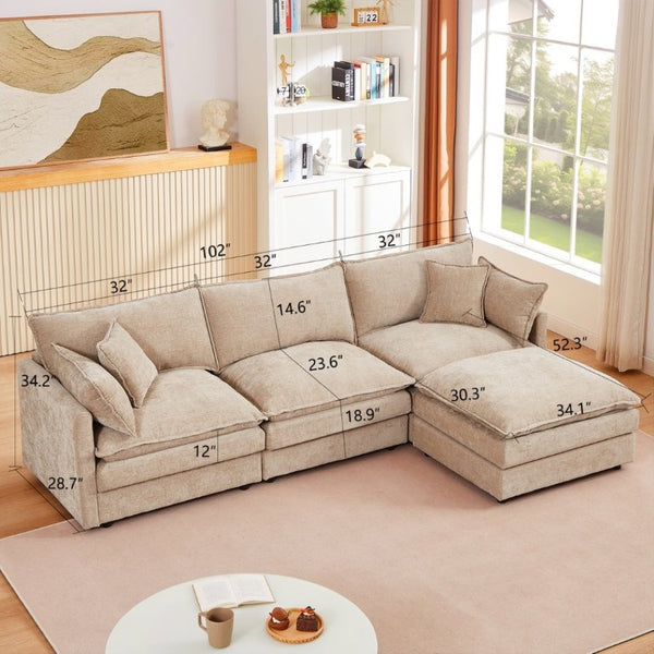 English Elm Modular Cloud Sectional Sofa Chenille Upholstered L Shaped Design with Movable Ottoman Coffee W1359S00077
