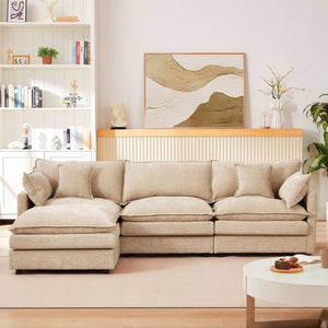 English Elm Modular Cloud Sectional Sofa Chenille Upholstered L Shaped Design with Movable Ottoman Coffee W1359S00077