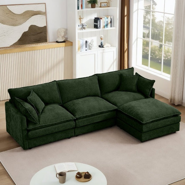 English Elm Modular Cloud Sectional Sofa Chenille Upholstered L Shaped Design with Movable Ottoman Green W1359S00078
