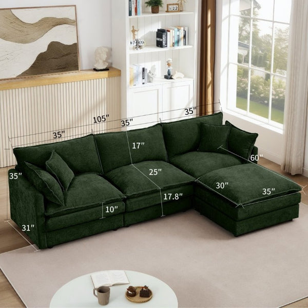 English Elm Modular Cloud Sectional Sofa Chenille Upholstered L Shaped Design with Movable Ottoman Green W1359S00078