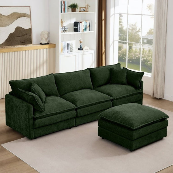 English Elm Modular Cloud Sectional Sofa Chenille Upholstered L Shaped Design with Movable Ottoman Green W1359S00078